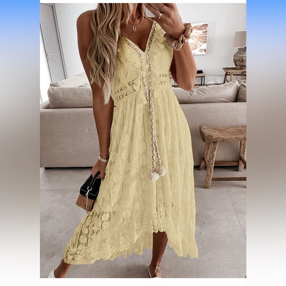 Cupshe Dresses Nwot Cupshe Light Yellow Lace Up Boho Tassel V Neck